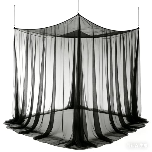 Black Mosquito Net Bed Canopy - 4 Corner Post Curtains for King & Queen