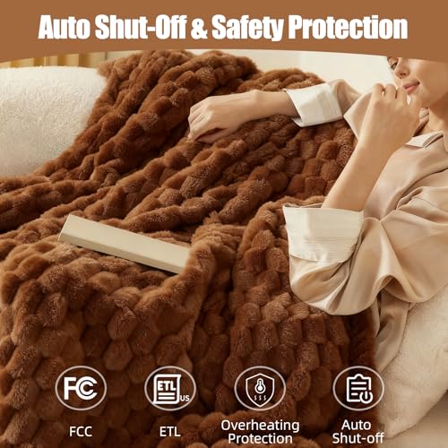 Heated Throw Blanket, 50" x 60" Soft Faux Fur & Flannel, 12 Heat Levels