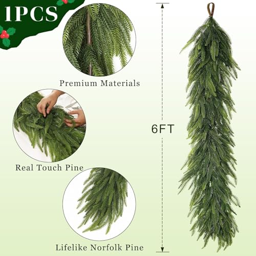 1Pcs 6ft Artificial Norfolk Pine Garland for Mantel - Fuller Realistic Home Decor
