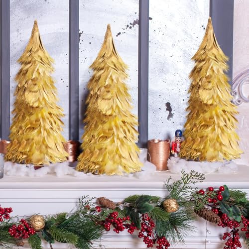 Liliful 4-Pack Gold Feather Christmas Trees, 12-Inch Holiday Decor