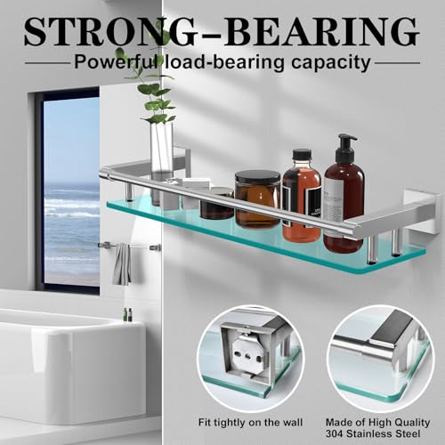 20-Inch Tempered Glass Bathroom Wall Shelf with Brushed Nickel Railing