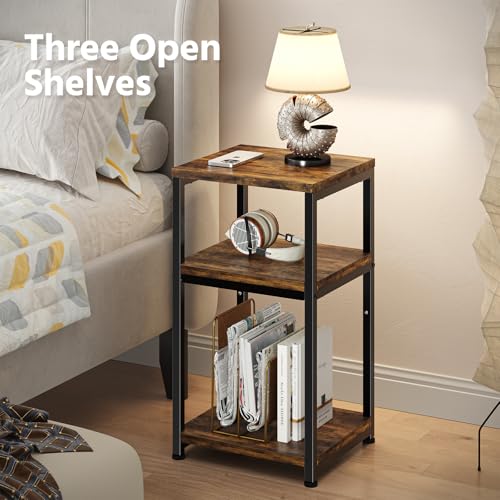 3-Tier Side Table with Storage Shelf, Rustic Brown Nightstand for Living Room