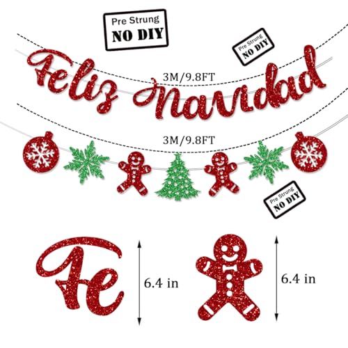 Feliz Navidad Banner, Pre-Strung Christmas Spanish Banner – 9.8 ft Glitter Text