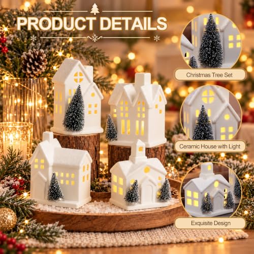 FTEJUWJ 4-Piece Ceramic Christmas Village Set with LED Lights Glitter Snow Scene