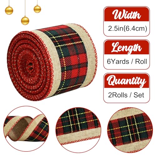TONIFUL 2.5-Inch Green & Black Plaid Burlap Wired Ribbon 6yds x 2 Rolls for Christmas Wrapping & Wreaths (2 Rolls, Red Green variant)