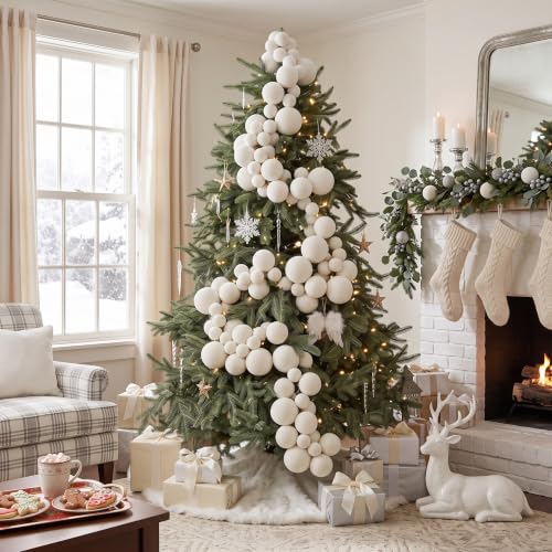 Thiccywoov Cream White 9 ft Velvet Ball Garland Ornament (Large 4in/10cm) – 3 Sizes, Indoor/Outdoor