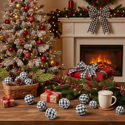 Tatuo 12 Pieces Christmas Buffalo Balls Bowl Filler Buffalo Check Ball Plaid Ornaments Decor Fabric Wrapped Balls Xmas Holiday Gingham Bowl for Fall Thanksgiving Home Decoration