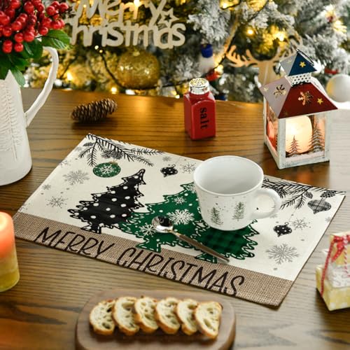 Artoid Mode Green Pine Trees Christmas Placemats Set of 4, 12x18 Inch Holiday Table Decor