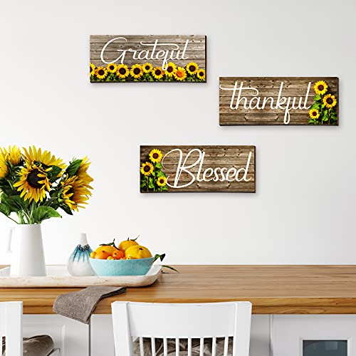 Farmhouse Sunflower Wooden Wall Art Signs, Thankful Grateful Blessed Plaques