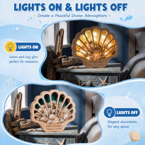 Seashell Display Case with Lights, Wooden Shadow Box for Beach Treasures