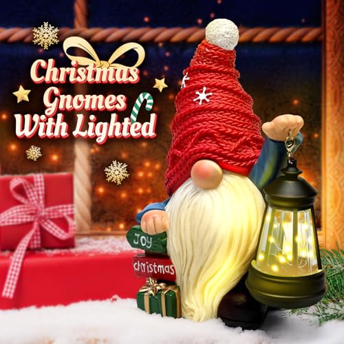 Aclema Christmas Gnome Statue with LED Lantern - Resin Holiday Decor for Indoor & Outdoor Festive Home Accents
