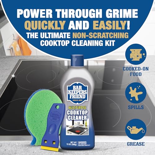 Bar Keepers Friend Cooktop Cleaner + Scraper + Dish Fish - Multipurpose Liquid Stovetop Cleanser, Safe for Use on Glass or Ceramic Cooking Surfaces, Copper, Brass, Chrome, Stainless Steel & Porcelain