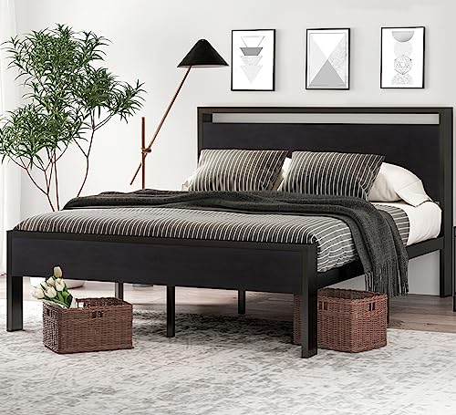 Full Size Metal Platform Bed Frame with Wooden Headboard & Under-Bed Storage