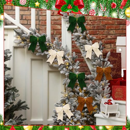 Hollowfly 12-Pack Christmas Faux Fur Bows for Tree & Decor, Green, Brown, Beige