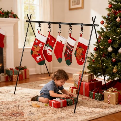Christmas Stocking Holder Stand with 10 Hooks Foldable Floor Rack Aluminum Black