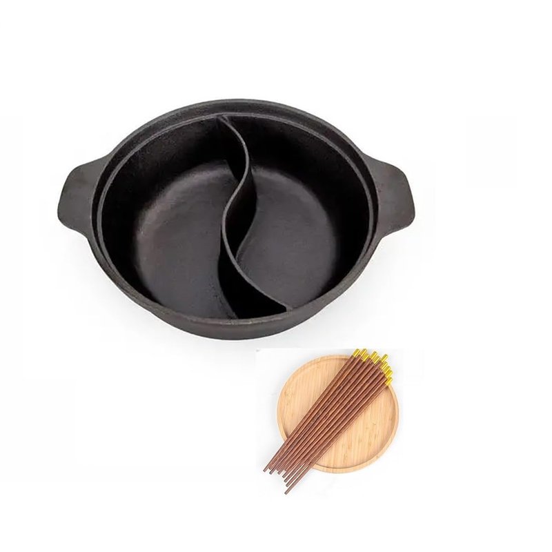 MANHANDIAO Cast iron hot pot with Divider,Dual-Sided 12.5 Inch Shabu Shabu Pot, Multi-Functional Hotpot Pot with Divider, Gas Stove, Black