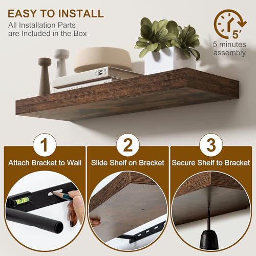 24-Inch Floating Wall Shelves, Set of 2 Rustic Wood Shelves