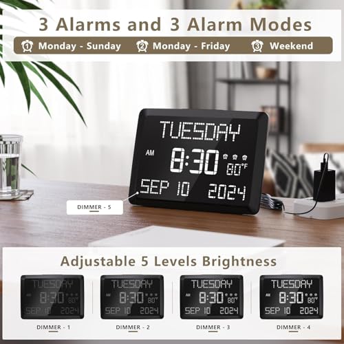 11.5-inch Large Digital Wall Clock with Temperature, Date, and 3 Alarms