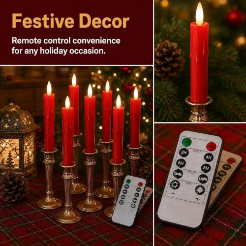 Red Flameless Flickering LED Taper Candles with Remote & Timer - Tall 6.7in