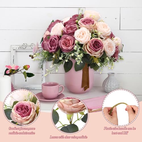 8 Bundles Dusty Pink Artificial Peonies Flowers - Faux Silk Bouquet for Weddings & Home Decor