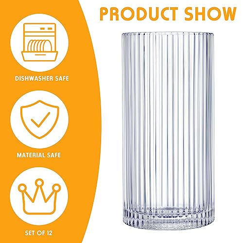 12 Pcs Ribbed Drinking Glass Set - Clear Vintage Highball Glasses 9 oz & 12 oz