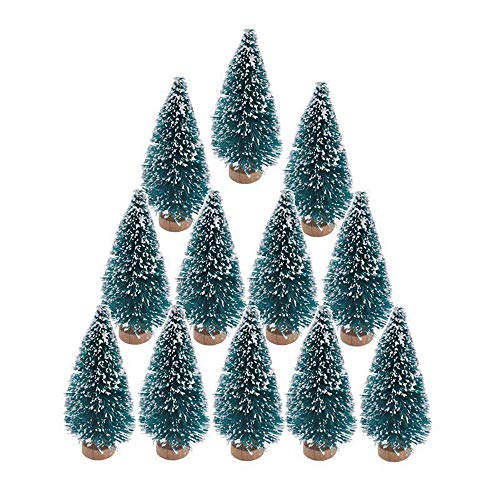 24 Pcs Mini Bottle Brush Christmas Trees with Wood Base - Snow Frosted