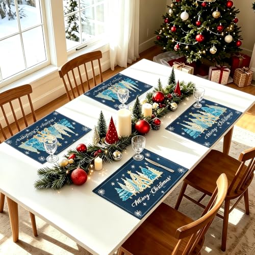 Navy Blue Christmas Placemats Set of 4 12x18 Inch Xmas Trees Snowflakes Holiday Table Decor