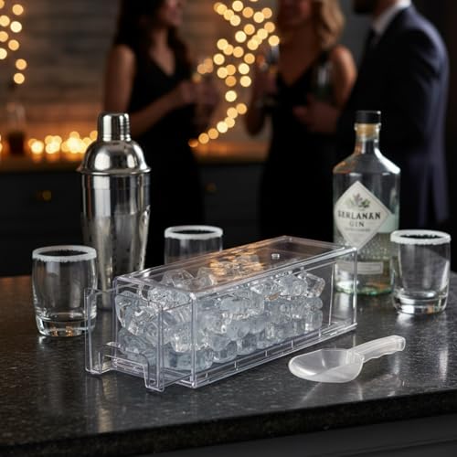 Clear Pull-Out Ice Container for Freezer with Scoop - Stackable Fridge Bin