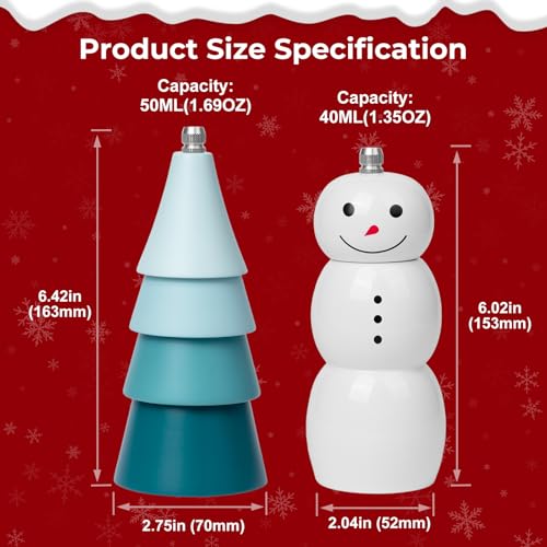 SETRON Christmas Salt & Pepper Grinder Set, Snowman & Tree with Ceramic Core, Refillable Manual Shakers