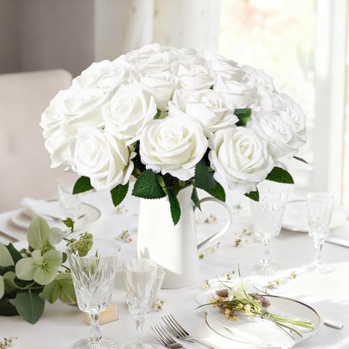 50 Pcs White Artificial Roses Bouquet - Velvet Fake Flowers for DIY Decor