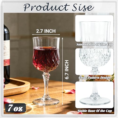 24-Pack 7oz Vintage Plastic Wine Glasses, Reusable Elegant Party Stemware