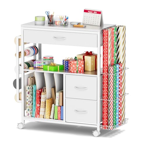 Rolling Gift Wrapping Paper Storage Cart with Ribbon Holder and Drawers