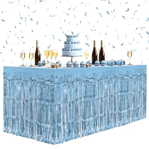 2 Pack Metallic Foil Fringe Table Skirts, Iridescent Holographic Party Decor