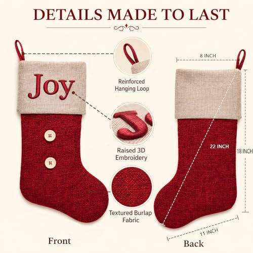 ElegantPark 6 Pack Large Red Christmas Stockings Burlap Embroidered, 22in Set