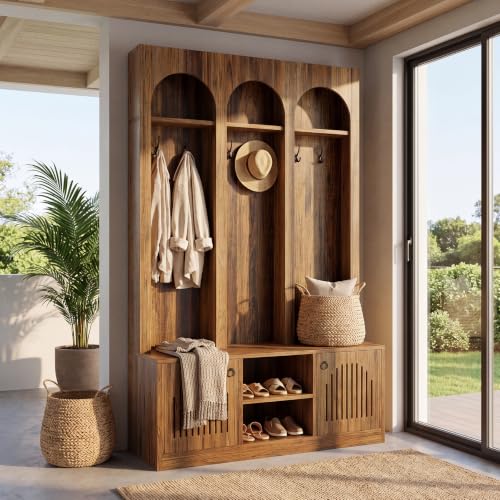 Farmhouse Rustic Entryway Coat Rack & Shoe Storage Bench - 71" Hall Tree