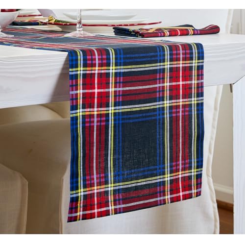 Solino Home 100% Pure Linen Black Stewart Plaid Table Runner 14 x 48 in