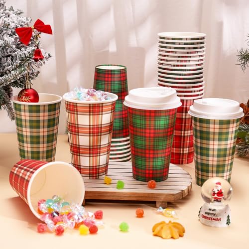 JarThenaAMCS 16 oz Christmas Buffalo Plaid Disposable Coffee Cups with Lids, 48 Pcs