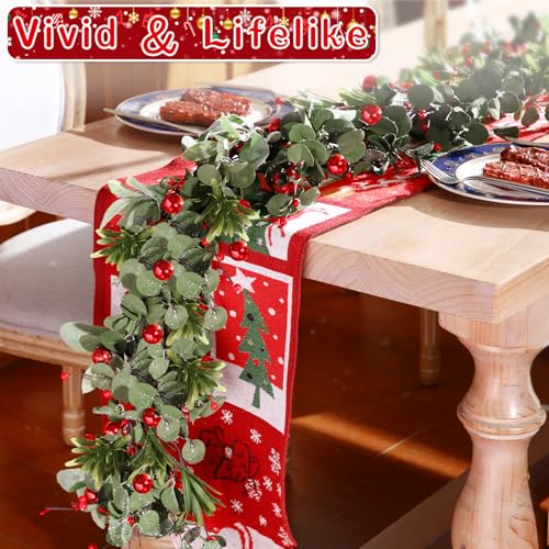 XunYee 1 Pcs 6ft Artificial Eucalyptus Garland with Red Berries – Christmas Holiday Decor (Variation: THIS listing: 1)