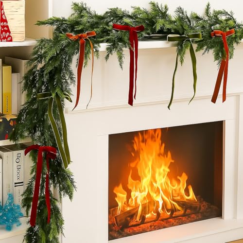 6ft Artificial Cedar Garland with 24 Velvet Bows, Christmas Holiday Decor