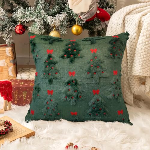 Christmas Pillow Covers 18x18 inch Set of 2 Christmas Decorations Red Bows Xmas Tree Throw Pillow Cases Soft Plush Faux Fur Wool Pillow Covers Winter Holiday Decor for Sofa Living Room