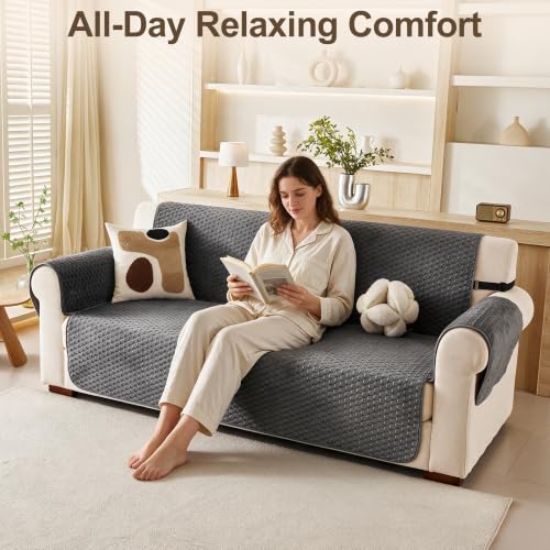 Waterproof Plush Couch Cover for Dogs & Cats, 2 Cushion Slipcover - Grey