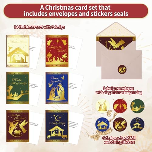 Religious Christmas Cards Set with Envelopes & Stickers - Gold Foil Embossed 5x7in (Religious Style, 24 Pack)