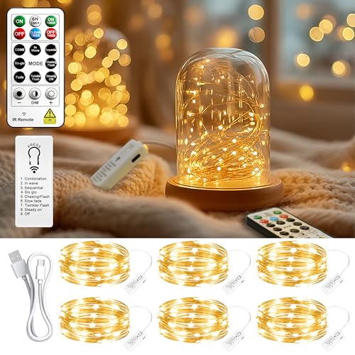 Rechargeable Fairy Lights with Remote & Timer - 6 Pack 7ft Warm White LED