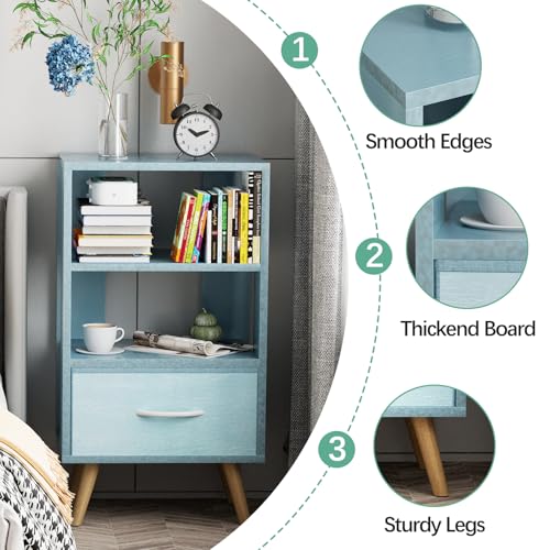 3-Tier Blue Nightstand with Drawer and Open Storage for Small Spaces