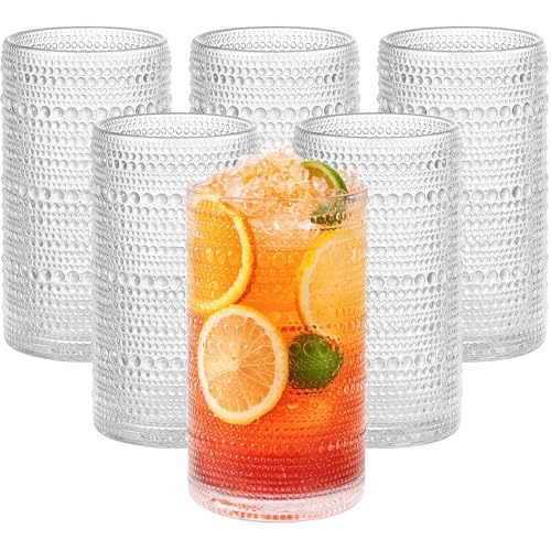 16 oz Hobnail Drinking Glasses with Straws, Vintage Embossed Set of 6