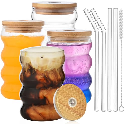 16 oz Wave Shape Drinking Glasses with Lids and Straws - Set of 4