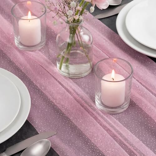 Windkream 1 Pc Glitter Tulle Table Runner 120 x 29 in Pink - 10 ft Mesh with Sequins