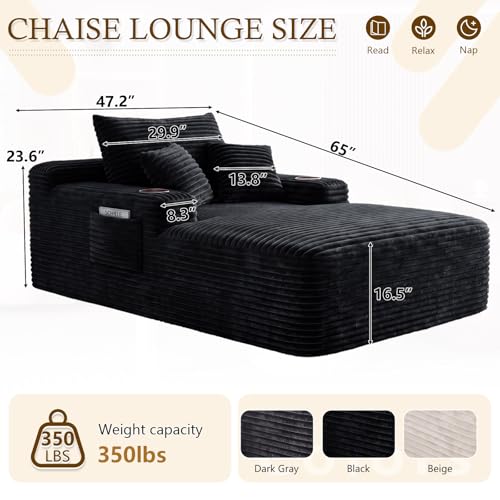65" Oversized Corduroy Chaise Lounge Chair with Cup Holders, Black