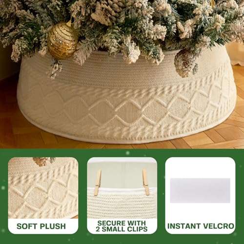 Cream Knit Christmas Tree Collar - Adjustable 23-30 Inch Tree Skirt Cover