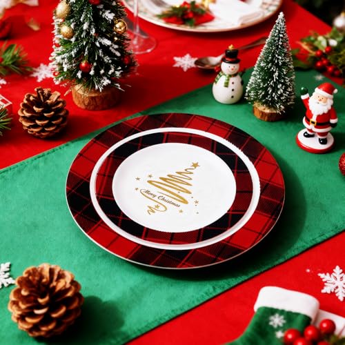 Vesici Black and Red 50 Pack Christmas Disposable Plates Buffalo Plaid 7.5 & 10.25 Inch